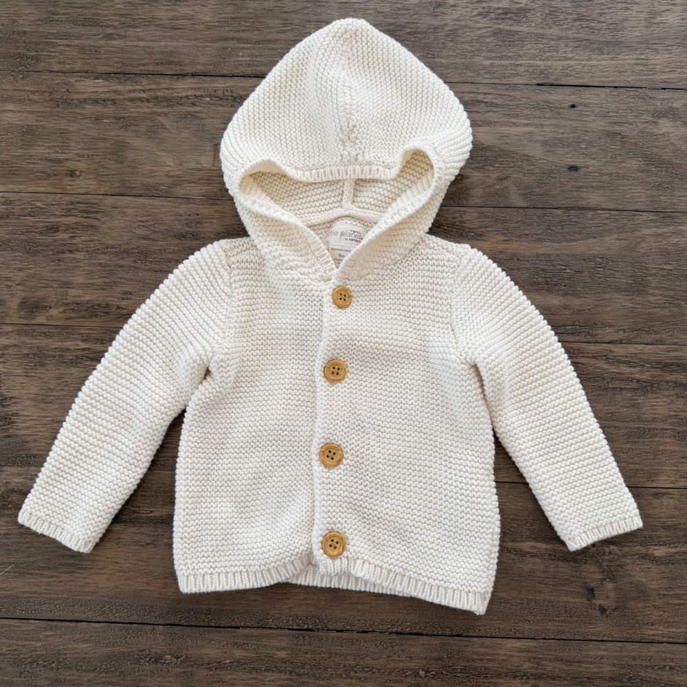 Little Planet by Carters Organic Cotton Hooded Cardigan Sweater Ivory 9M Unisex